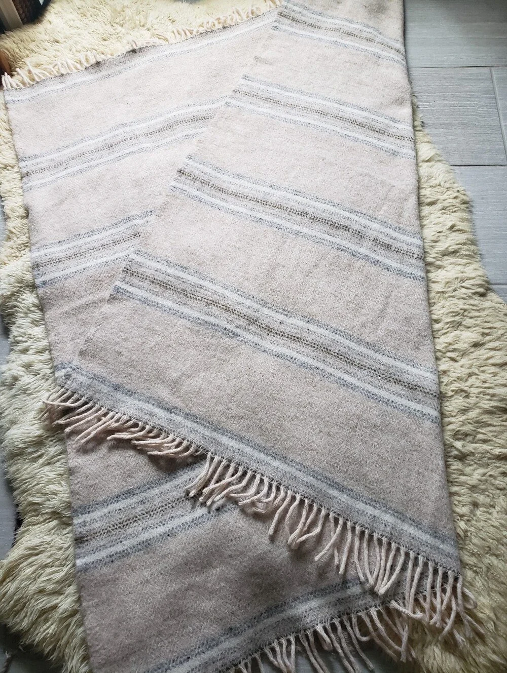 Vintage Handwoven Striped Wool Throw Blanket - Neutral Cream Beige